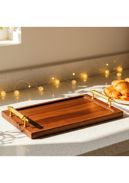 Tray - Metal Kulplu Ahşap Tepsi Sunum Tepsisi Kahve Servis Tepsisi fırsatları