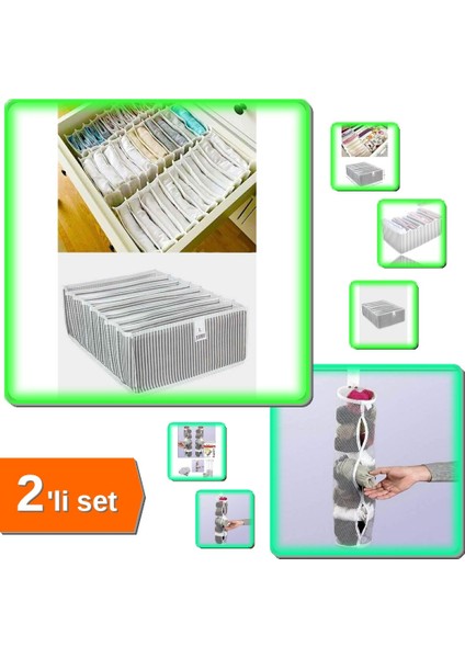 8 Gözlü Akordiyon Çekmece Düzenleyici + Asılabilir Temiz Çorap Düzenleyici - 2li Set X4X1P1