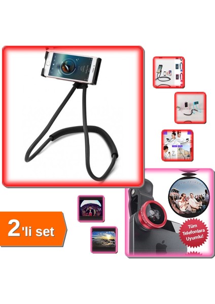 Boyun Telefon Tutucu + Balık Gözü Cep Telefonu Lensi (Tüm Modellere Uyumlu) - 2li Set K4M3C2