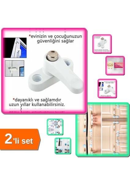 Pvc Kapı Pencere Emniyet Kilidi Çelik + 2 Adet Geçmeli Çocuk Koruma Kilidi - 2li Set Q8Q9V8