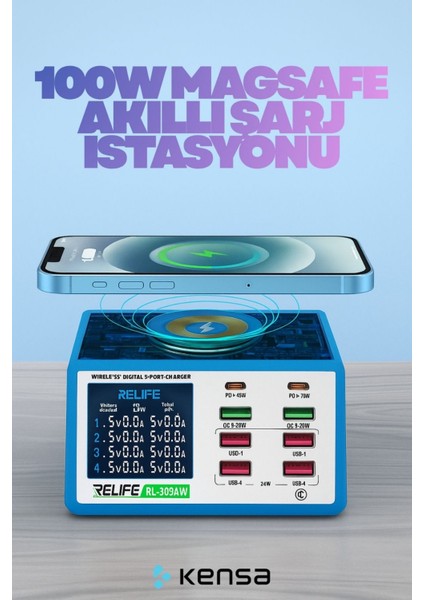 RL-309AW 100W 8 Port Akıllı Şarj Istasyonu | Kablosuz + Pd & Qc Hızlı Şarj Destekli USB Şarj Cihazı