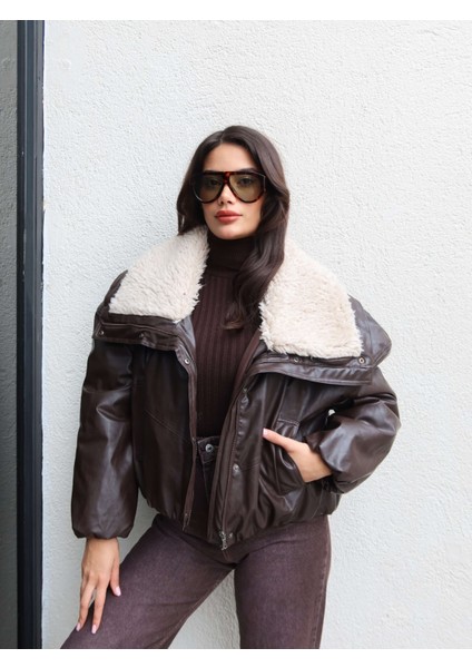 Yaka Kürk Cepli Deri Mont