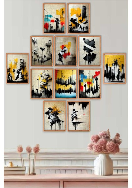 12 Parça Ahşap Çerçeve Görünümlü Modern Graffiti Sanatsal Tablo Seti