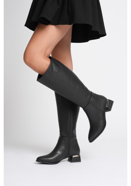 Diz Altı Fermuarlı Topuğu Parlak Toka Detaylı Kadın Çizme fiyatları