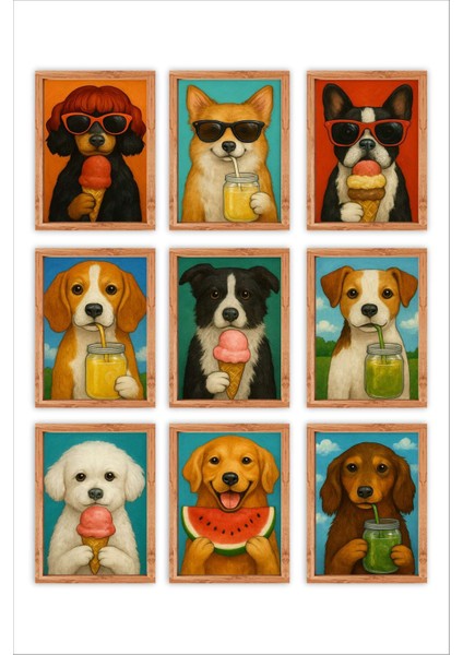 Sevimli Köpekler Çerçeve Görünümlü 9 Adet Ahşap Çerçeve Görünümlü Duvar Tablosu