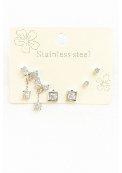 Küpe Seti Fiyonk - Kare Taşlı - Minimal Tektaşlı Üçlü Set Gümüş Çelik Küpe Seti