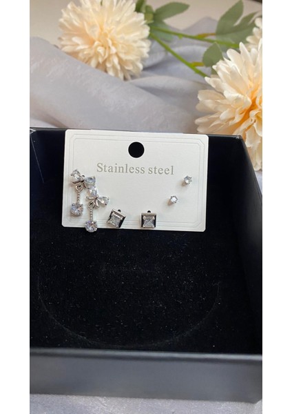 Küpe Seti Fiyonk - Kare Taşlı - Minimal Tektaşlı Üçlü Set Gümüş Çelik Küpe Seti fiyatları