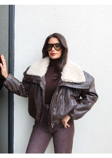 Yaka Kürk Cepli Deri Mont modelleri