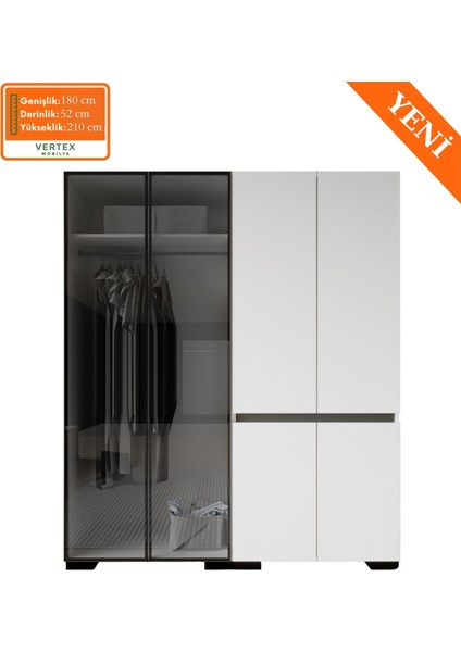 Floransa Alüminyum Cam Kapak-Düz Kapak 4 Kapılı Beyaz Antrasit Çok Raflı Gardır