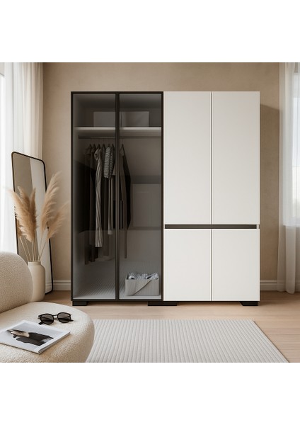 Floransa Alüminyum Cam Kapak-Düz Kapak 4 Kapılı Beyaz Antrasit Çok Raflı Gardır fiyatları