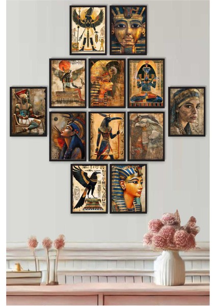 Mısır Temalı Minimalist, Modern Duvar Dekoru 12 Li Set Tablo Siyah Çerçeve Görünümlü