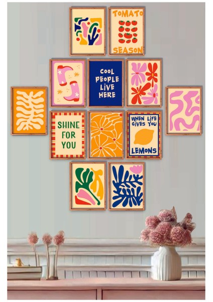 Çerçeve Baskılı Eğlenceli, Abstract, Minimalist, Modern Yiyecekler ve Mutfak Dekoru 12 Li Set Tablo