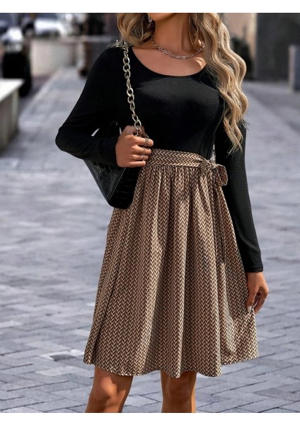 Kadın Uzun Kollu Yuvarlak Yaka Üst Viskon Alt Süprem Midi Elbise modelleri