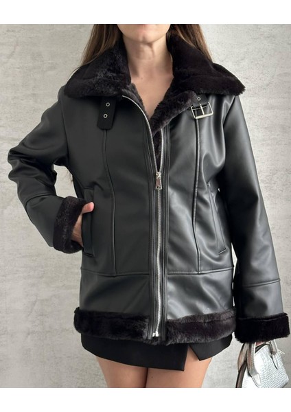 Kol Yaka Etek Kürk Detaylı Deri Mont