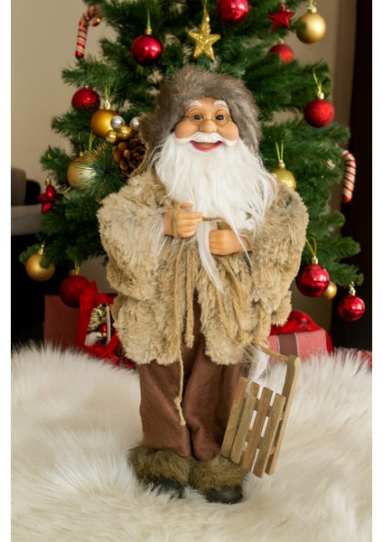 47 cm Kızaklı Krem Kürklü Noel Baba