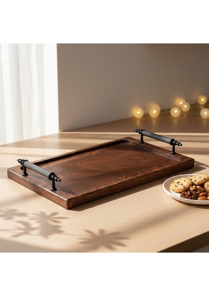 Tray - Metal Kulplu Ahşap Tepsi Sunum Tepsisi Kahve Servis Tepsisi