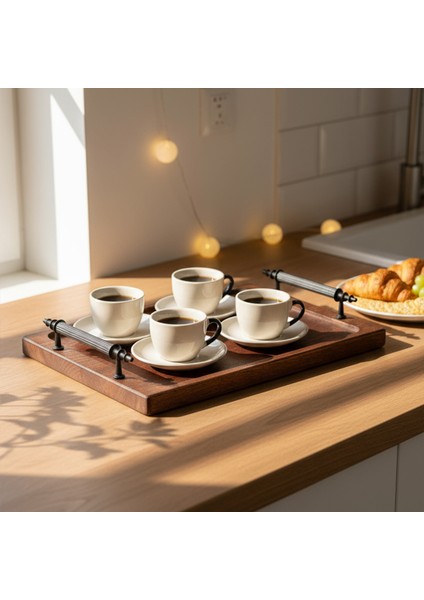 Tray - Metal Kulplu Ahşap Tepsi Sunum Tepsisi Kahve Servis Tepsisi fiyatları