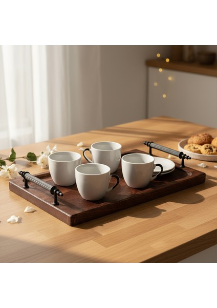 Tray - Metal Kulplu Ahşap Tepsi Sunum Tepsisi Kahve Servis Tepsisi fırsatları