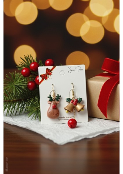 Yılbaşı Konseptli Asimetrik Küpe Serisi Ren Geyiği ve Çan Küpe