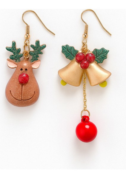 Yılbaşı Konseptli Asimetrik Küpe Serisi Ren Geyiği ve Çan Küpe fiyatları