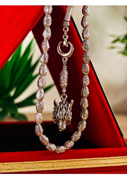 Gümüş Kaplama Yumurta Kesim Ayyıldızlı Tesbih