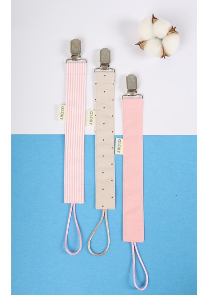 3'lü Set Emzik Askısı - Emzik Zinciri - Emzik Tutacağı - %100 Pamuk - Pembe Çizgili, Kahve Nokta