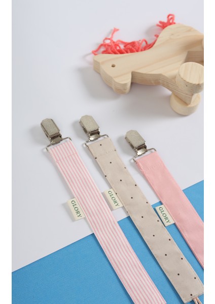 3'lü Set Emzik Askısı - Emzik Zinciri - Emzik Tutacağı - %100 Pamuk - Pembe Çizgili, Kahve Nokta fiyatları