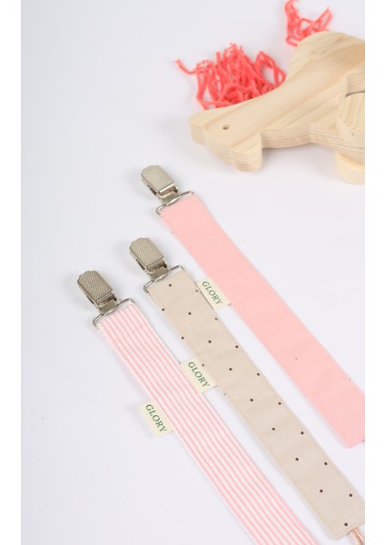 3'lü Set Emzik Askısı - Emzik Zinciri - Emzik Tutacağı - %100 Pamuk - Pembe Çizgili, Kahve Nokta modelleri