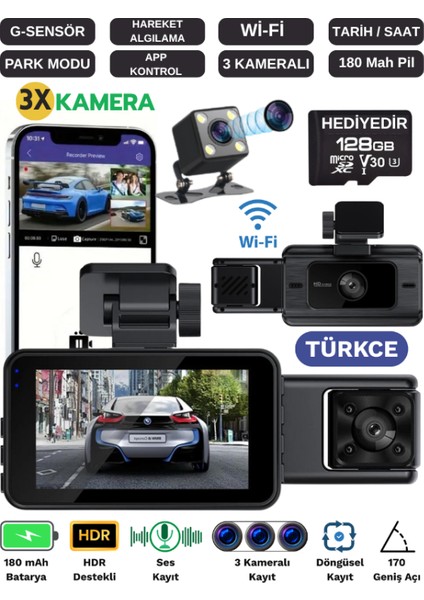 S15 Wi-Fi Araç İçi Güvenlik Kamerası 3 Kameralı 128GB Dahil IR Gece Görüşü Ön-Arka-İç Kayıt DashCam