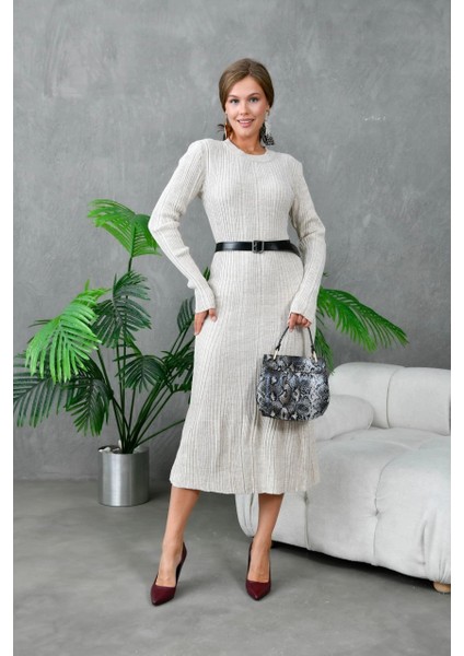 Kadın Elbise Bisiklet Yaka Midi Boy Elbise Taş - 10823