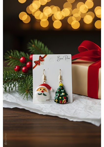 Noel Baba ve Yılbaşı Ağacı Sevimli Yeni Yıl Küpesi