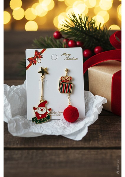 Christmas 2'li Küpe Seti Yılbaşı Konseptli Küpe Serisi Noel Baba