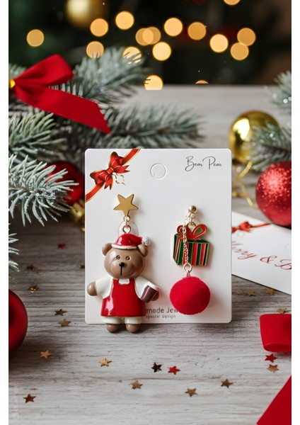 Ayıcık ve Hediye Paketi 2'li Yılbaşı Kadın Çelik Küpe