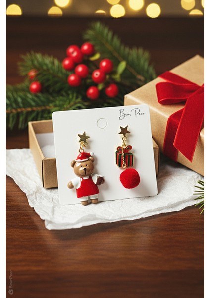 Ayıcık ve Hediye Paketi 2'li Yılbaşı Kadın Çelik Küpe fiyatları