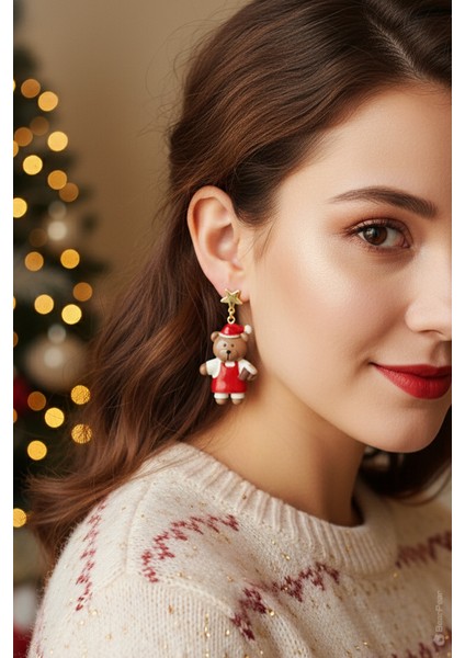 Ayıcık ve Hediye Paketi 2'li Yılbaşı Kadın Çelik Küpe modelleri