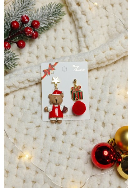 Ayıcık ve Hediye Paketi 2'li Yılbaşı Kadın Çelik Küpe