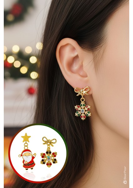 2'li Küpe Seti Kar Tanesi ve Noel Baba Kadın Yılbaşı Küpesi