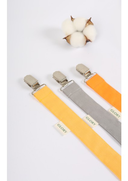 3'lü Set Emzik Askısı - Emzik Zinciri - Emzik Tutacağı - %100 Pamuk - Sarı, Gri, Turuncu