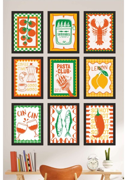 Akdeniz Esintili Retro 9’lu Mdf Duvar Tablo Seti – Mutfak ve Kafe Dekoru