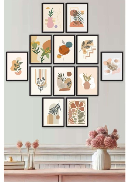 12 Parça Siyah Çerçeve Görünümlü Modern Minimailst Bohemien Sanatsal Tablo Seti 3