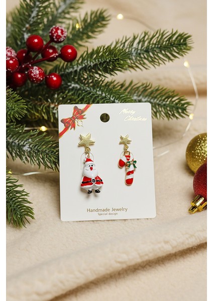2'li Küpe Yılbaşı Konseptli Noel Baba ve Baston Şeker Küpe Seri