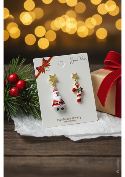2'li Küpe Yılbaşı Konseptli Noel Baba ve Baston Şeker Küpe Seri fiyatları