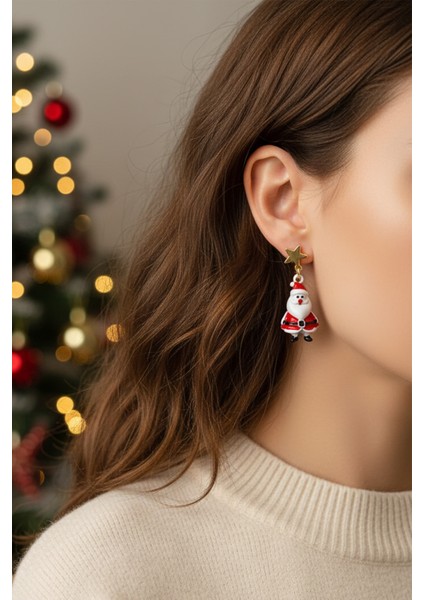 2'li Küpe Yılbaşı Konseptli Noel Baba ve Baston Şeker Küpe Seri modelleri