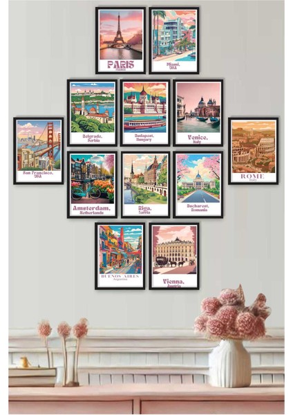 12 Parça Siyah Çerçeve Görünümlü Travel Dünya Şehirleri Sanatsal Tablo Seti