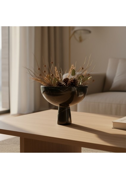 Siyah Mermer Dekoratif Sunumluk Kase, El Yapımı Doğal Taş Ev ve Ofis Aksesuarı fırsatları