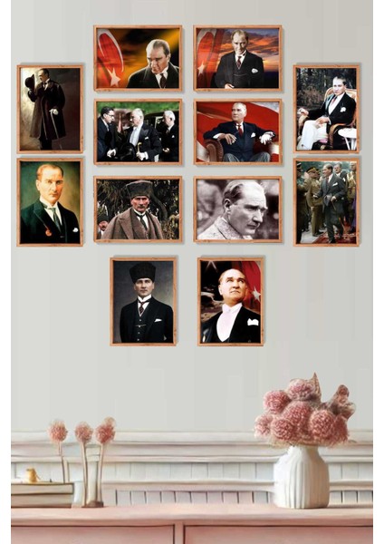 12 Parça Ahşap Ceviz Çerçeve Görünümlü Mustafa Kemal Atatürk Tablo Seti