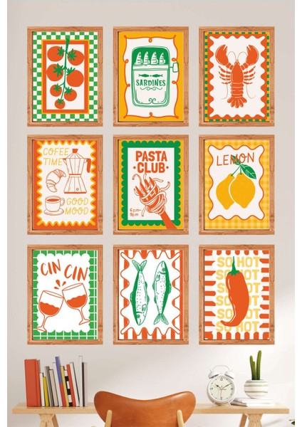 Akdeniz Esintili Retro 9’lu Mdf Duvar Tablo Seti – Mutfak ve Kafe Dekoru