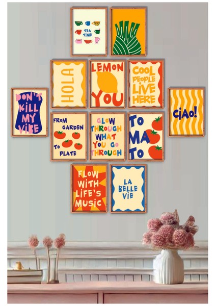 Çerçeve Baskılı Eğlenceli, Abstract, Minimalist, Modern Yiyecekler ve Mutfak Dekoru 12 Li Set Tablo