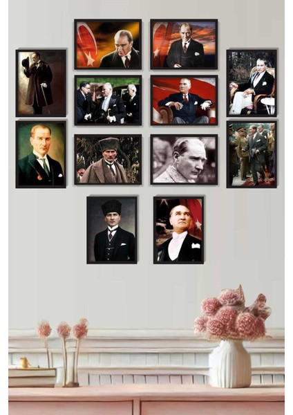 12 Parça Ahşap Siyah Çerçeve Görünümlü Mustafa Kemal Atatürk Tablo Seti