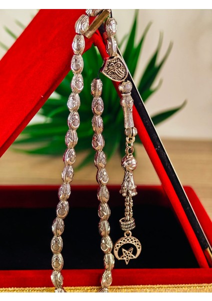 Gümüş Kaplama Yumurta Kesim Ayyıldızlı Tesbih